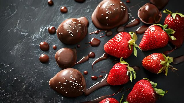 Video showing fresh strawberries coated in gold chocolate against a black background