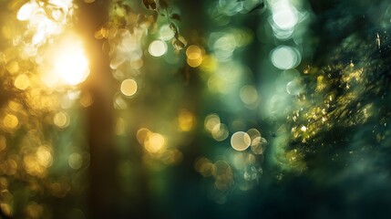 A serene forest scene with golden sunlight filtering through green foliage, creating a dreamy bokeh effect.