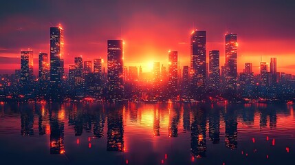 Dramatic urban skyline silhouette with glowing skyscrapers reflected in calm water during vibrant sunset with orange and purple sky, creating futuristic cityscape atmosphere.