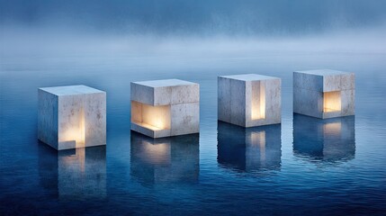 Illuminated concrete cubes floating on a calm body of water.