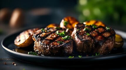 Juicy grilled beef tenderloin steaks with herbs and spices served on dark plate. Perfectly seared meat with grill marks and garnished with fresh parsley.