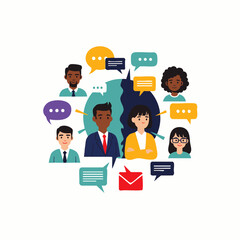 Diverse individuals from around the world engage in vibrant communication and social networking, fostering global connection and community discussion.