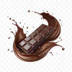 realistic 3d dark chocolate bar into liquid chocolate splash with bubbles in curve style isolated on transparent background