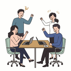 A diverse group of cheerful business colleagues celebrates a successful project completion with enthusiastic raised fists around a table, showcasing collaborative achievement.