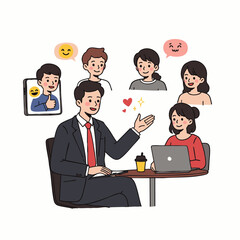 An engaging illustration captures a business professional leading a discussion, surrounded by diverse participants and digital feedback, highlighting interactive communication.