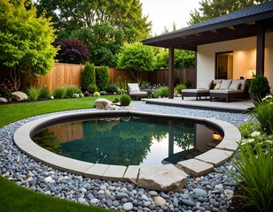 Modern backyard oasis with pond