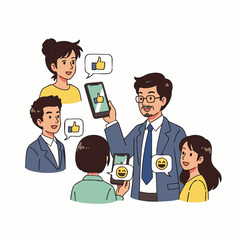 Fototapeta premium A diverse group of individuals engages in modern digital communication, sharing positive feedback and social media interactions on their mobile devices.