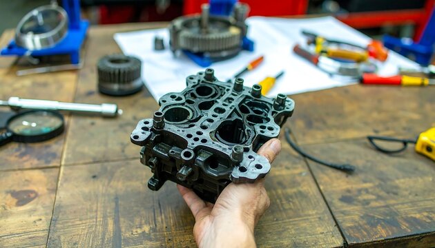 Hand holds disassembled engine block on workbench