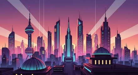 Fototapeta premium Retro Futuristic City Skyline at Sunset with Neon Colors in Vector Icon Style 