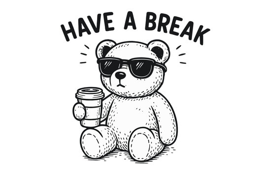 Cute teddy bear relaxing with sunglasses and coffee cup while promoting leisure and enjoyment during a break