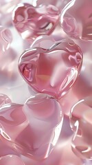 Fototapeta premium Glossy pink glass hearts floating in soft light with reflective surfaces and delicate shadows create romantic atmosphere for Valentine's Day designs and love concepts.