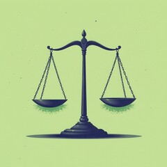 Antique dark metal balance scale with two empty trays hanging on chains against a light green background