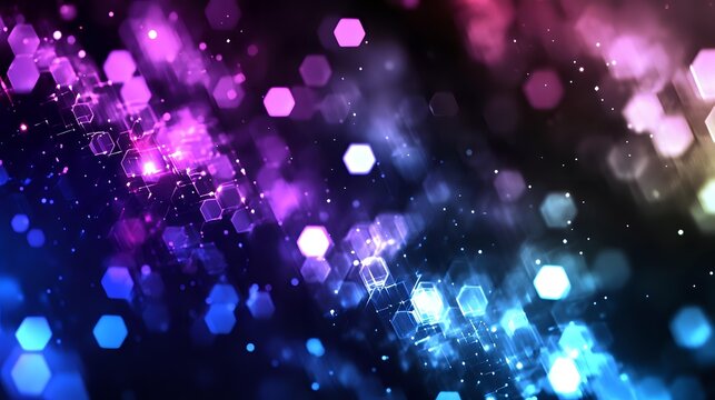 Glowing hexagonal bokeh lights in pink and blue colors creating magical abstract background with sparkles and blurred geometric shapes in space. - Powered by Adobe