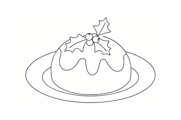 Minimalist single line drawing a Christmas pudding with holly berry leaf