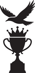 Soaring bird silhouette flying over trophy cup with crowned lid black color vector on white background