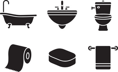 Bathroom essential icons featuring bathtub sink toilet paper soap towel black white