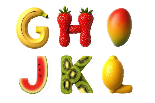 alphabet g h i j k l make with fresh fruits image generation by ai with Full HD quality 