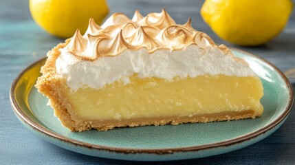 Delicious Individual Slice of Fresh Lemon Meringue Pie with Creamy Texture and Golden Topping