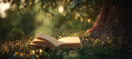 The open book resting peacefully beneath a tree in a sunlit forest.