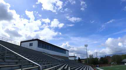 Panorama Bleachers with railings against a building and cloudy blue sky