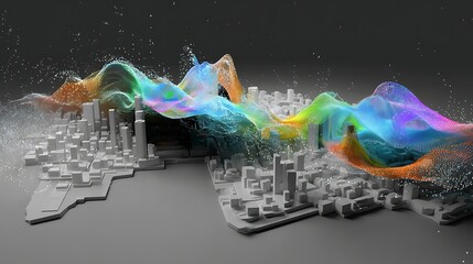 Abstract Colorful Data Visualization Over City Model in Dark Background