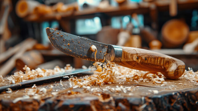 Close up of a hand carved wooden knife with shavings on a workbench