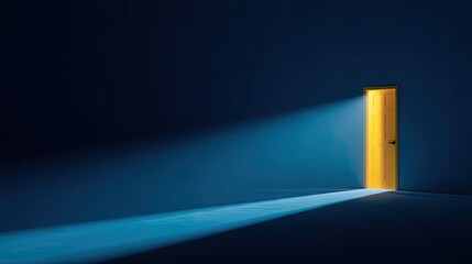 A yellow door illuminates a dark room.