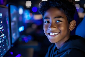 Young African American boy smiling while looking at computer screen in dark room with blue ambient lighting, showing joy and engagement in digital learning.