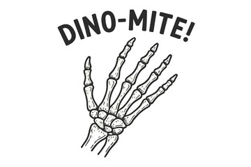 Obraz premium Creative dinosaur-themed artwork showcasing a skeletal hand with playful text in a vibrant design