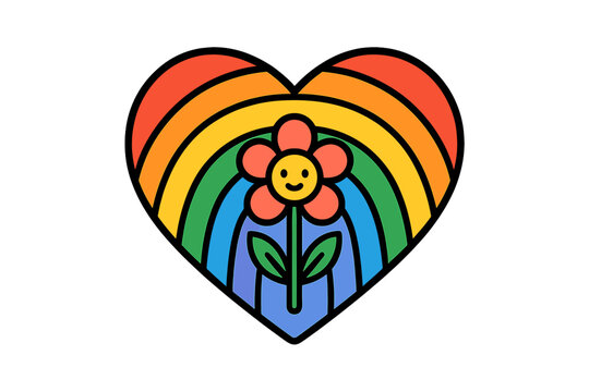 Colorful heart design with rainbow and smiling flower created for an uplifting artistic theme