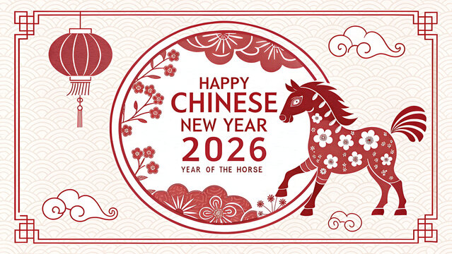 A festive chinese new year design showcases a horse, lantern, and floral elements, wishing happiness and prosperity for the year of the horse in 2026