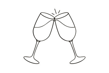 Minimalist single line drawing two clinking champagne glasses celebration toast