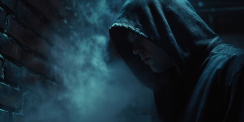 The hooded figure standing in shadows exudes an aura of mystery and contemplation.
