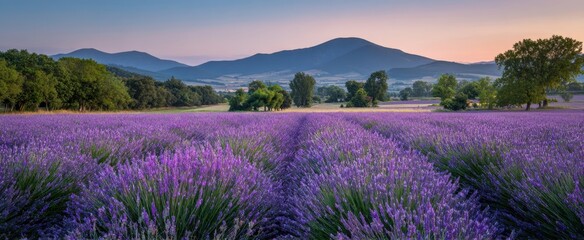 Naklejka premium The stunning lavender field blooming under a serene mountain sunset.
