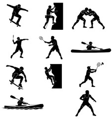 Collection of action sports silhouettes featuring athletes in various dynamic activities