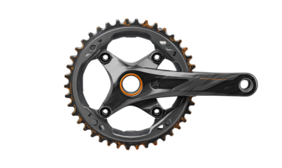 Bicycle crankset, dark gray with orange accents