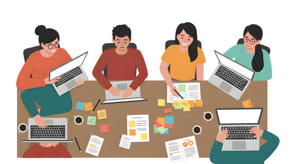 A top-down view of a collaborative team working at a table with laptops, sticky notes, and coffee cups, fostering an atmosphere of productivity and teamwork. 