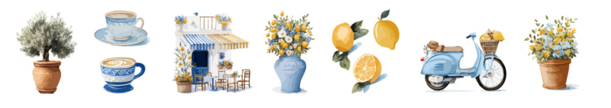 Amalfi Italy set, Italian Summer Lifestyle &mdash; Coffee, Lemons, Flowers and Vespa in Mediterranean Style. Watercolor. Collection of Vector  illustrations, . Perfect for invitation, card, poster, banner