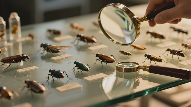 Entomologist examining preserved insects under magnifying glasses on a display table.
