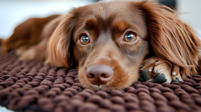 Adorable brown dachshund puppy with expressive blue eyes lying on textured purple blanket, close-up portrait showing sweet melancholic expression. - Powered by Adobe