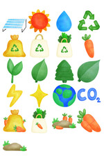 Sustainability lifestyle symbols and Eco Friendly Icons Set. Green Earth, recycling, green energy.
