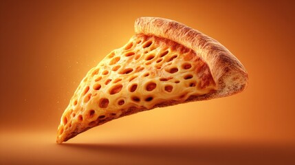 A cheesy pizza slice with a honeycomb texture.