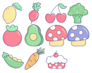 fruits and vegetables icon set, lemon, beetroot, cherry, broccoli, tomato, avocado, mushroom, pea, carrot and  cupcake. 
