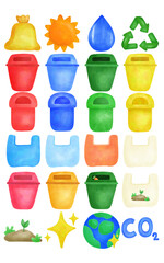 Colorful Recycle Trash Bin of environmental sustainability and recycling, Concept for single-use plastic, waste, and recycling awareness.