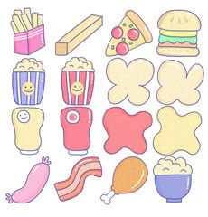 Set of cartoon fast food, Junk Food, french fries, pizza,  ketchup, mustard,  sausage, burger, fried chicken, and ketchup