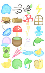 Cartoon rainy weather icon set with puddles, umbrellas and rain. Timber, Mushroom, Duck and snail. Natural in rainy.