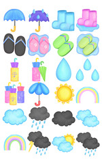 Set of Rainy Season, Sun, clouds, rain, rainbow, puddle, flip-flops and umbrella.
