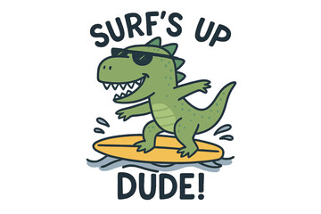 Surfing dinosaur character brings fun vibes to beach scene with cool sunglasses and surfboard