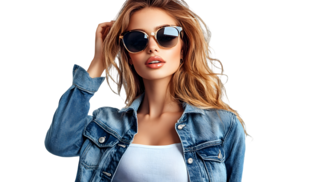 Portrait of a blonde woman wearing sunglasses and a denim jacket against a black background looking forward