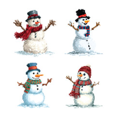 Snowmen pixel art, icons in line design. Snowman, pixel art, winter, Christmas, holiday, snow, retro on white background vector. Snowmen pixel art editable stroke icons